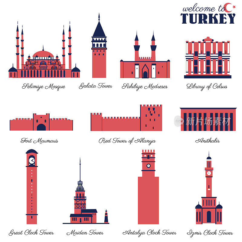 Selimiye Mosque, Sahibiye Medreses, Great Clock Tower, Adana, Library of Celsus, Galata, Maiden Castle of Istanbul, Red Tower of Alanya, Fort Marmaris, Clock Castle of Antalya, Izmir, Anitkabir安卡拉